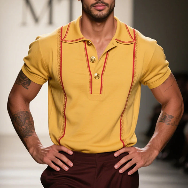 Men's Vintage Casual Striped Embroidered Cotton Short Sleeve Polo Shirt MTA2985E3TO