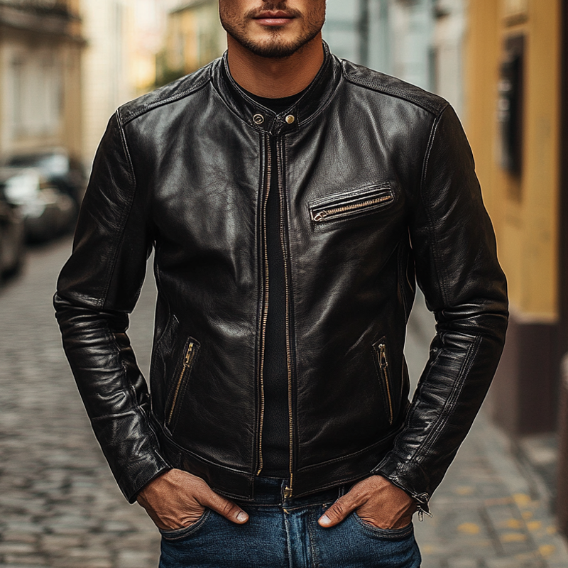 Men's Solid Color Stand Collar Zipper PU Leather Jacket MTA2660I8X