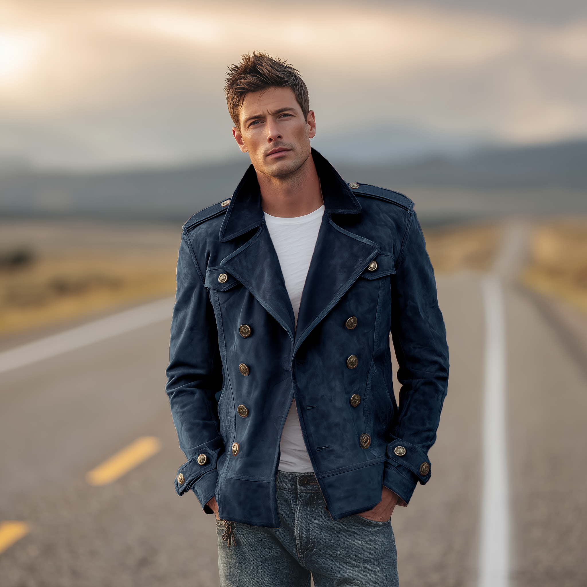 Men's Classic Retro Western Style Lapel Suede Epaulette Double-breasted Jacket MTA0801H7K