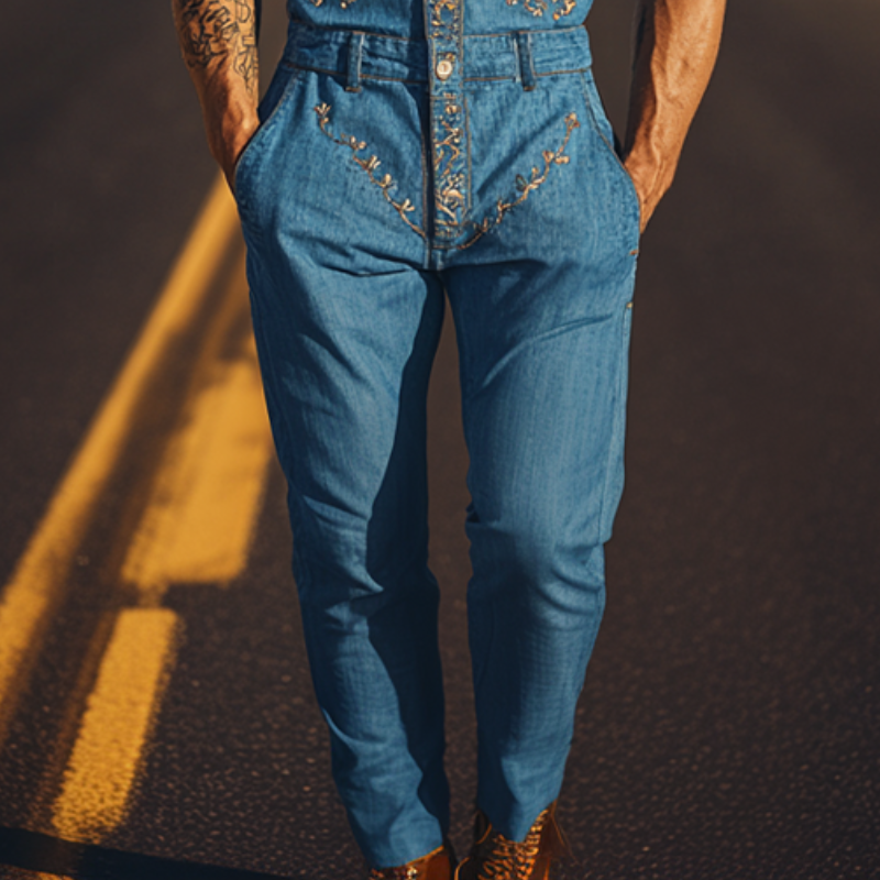 【24-hour shipping out】Men's Summer Fashion Casual Classic Western Style Tencel Denim Embroidered Jumpsuit MTA1244D2K