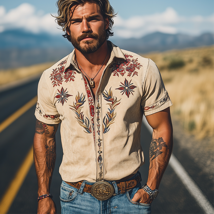 【24-hour shipping out】Men's Spring/Summer Fashion Retro Western Style Suede Embroidered Short Sleeve Shirt MTA1533D2K