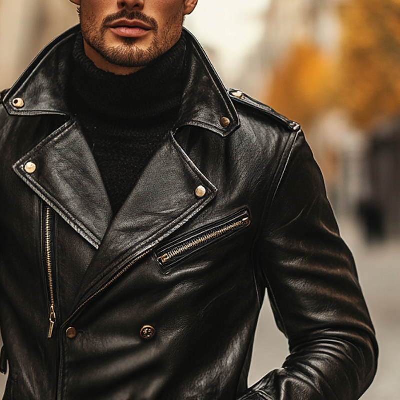 Men's Solid Color Lapel Double-breasted Motorcycle PU Leather Jacket MTA2612I3X