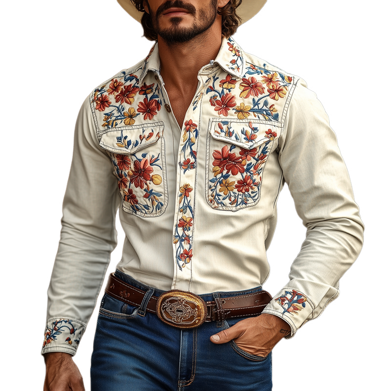 【24-hour shipping out】Men's Western Cowboy Style Embroidered Lapel Chest Pocket Long Sleeve Cotton Shirt 42207261Z