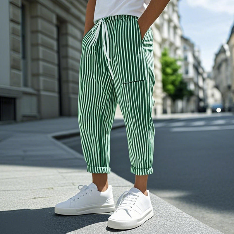【24-hour shipping out】Men's Casual Cotton Blend Striped Elastic Waist Tapered Pants MTA1006D9M