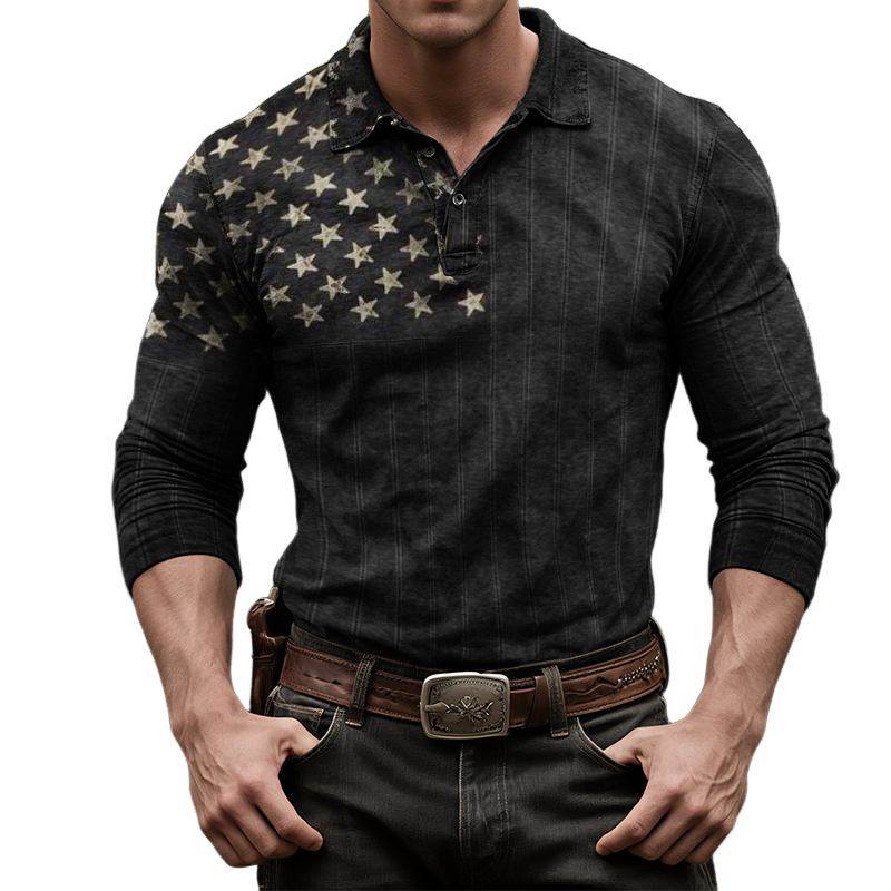 Men's Retro Casual Western Style American Flag Print Long Sleeve Polo Shirt MTA1500H0TO