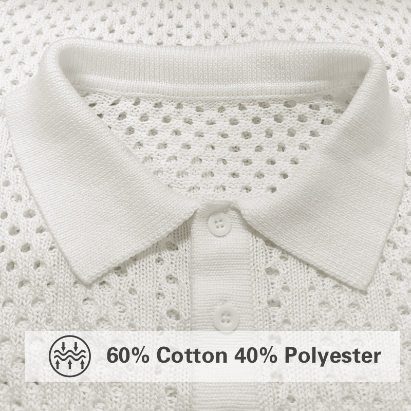 Men's Solid Hollow Out Plaid Knit Lapel Short Sleeve Polo Shirt MTA1865F2Z