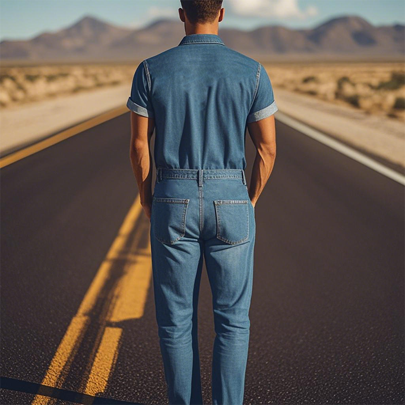 【24-hour shipping out】Men's Summer Fashion Casual Classic Western Style Tencel Denim Embroidered Jumpsuit MTA1244D2K