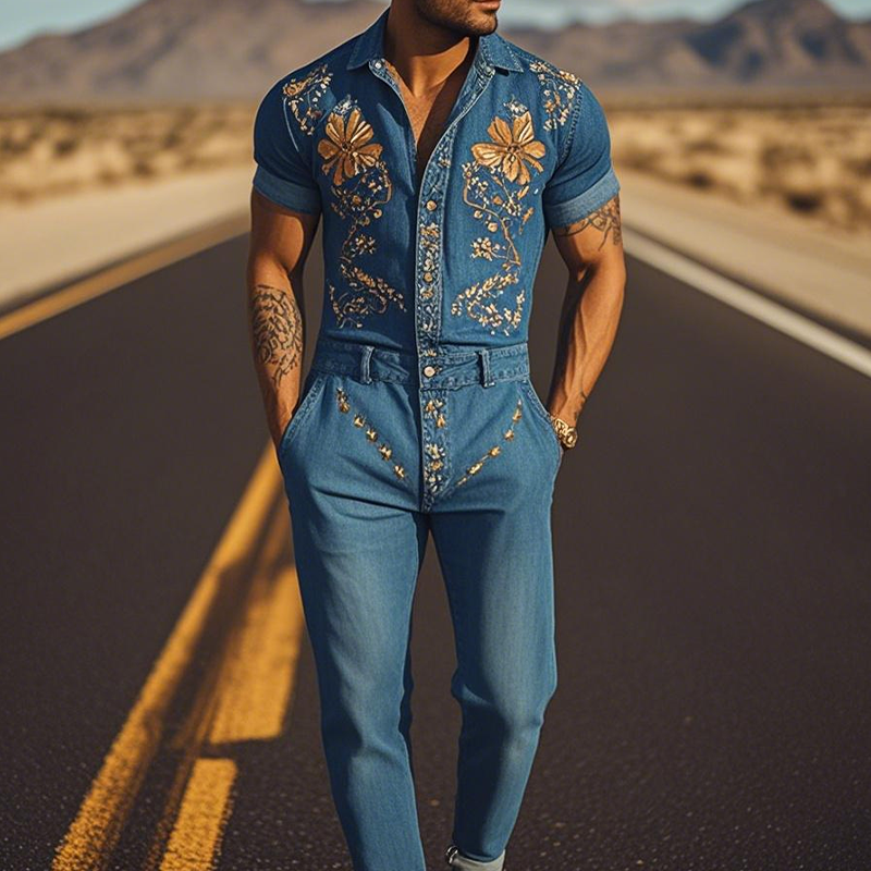 【24-hour shipping out】Men's Summer Fashion Casual Classic Western Style Tencel Denim Embroidered Jumpsuit MTA1244D2K
