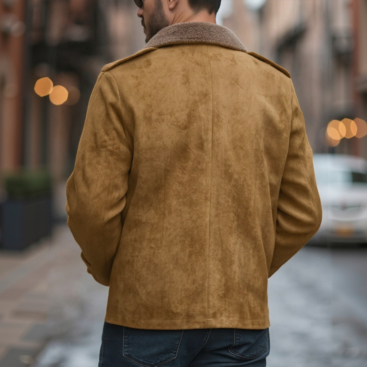 Men's Vintage Suede Fleece Collar Patchwork Multi-Pocket Zipper Coat 99704034M