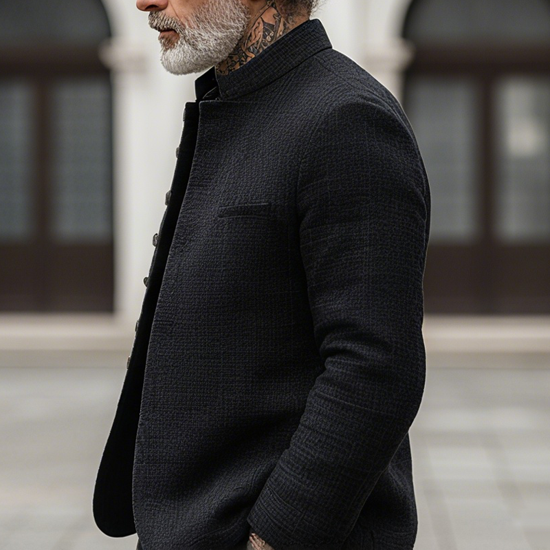 Men's Woven Textured Plaid Stand Collar Single-Breasted Jacket MTA2897H4Z