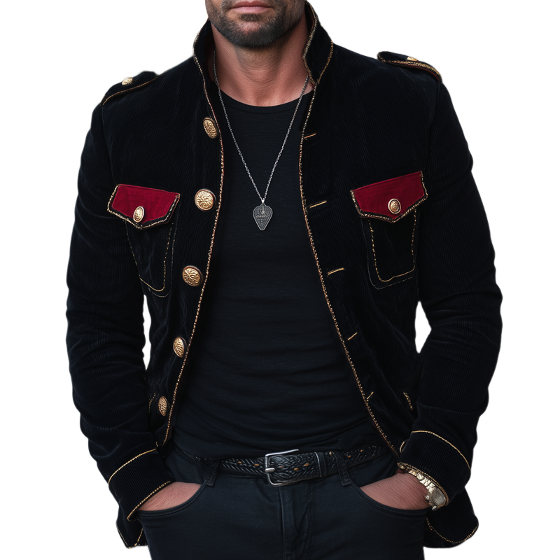 Men's Vintage Stand Collar Velvet Multi-Button Jacket MTA1901H1U