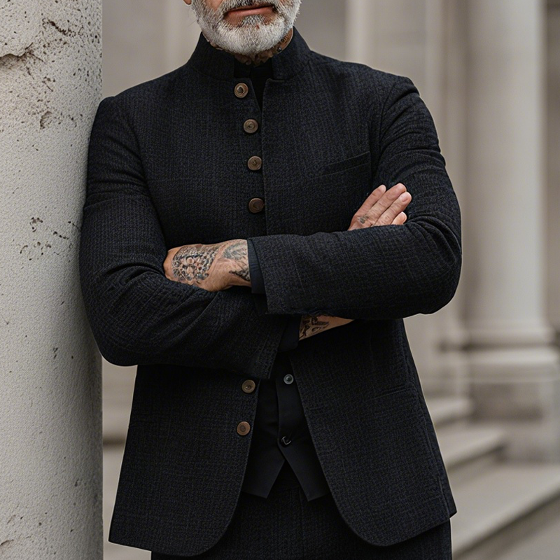 Men's Woven Textured Plaid Stand Collar Single-Breasted Jacket MTA2897H4Z