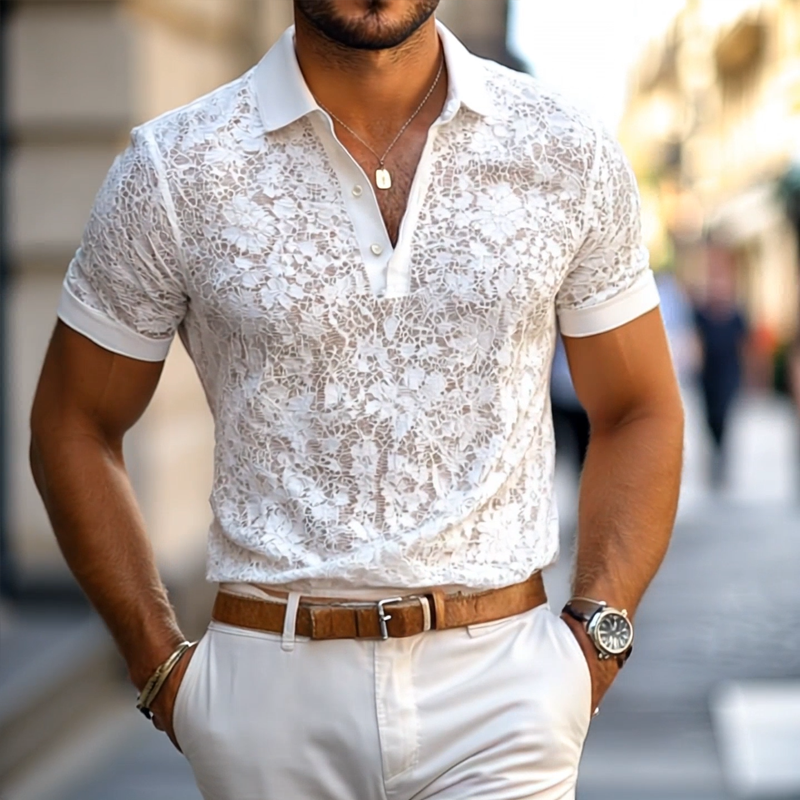 【24-hour shipping out】Men's Solid Lace Lapel Short Sleeve Casual Polo Shirt MTA0885E3Z