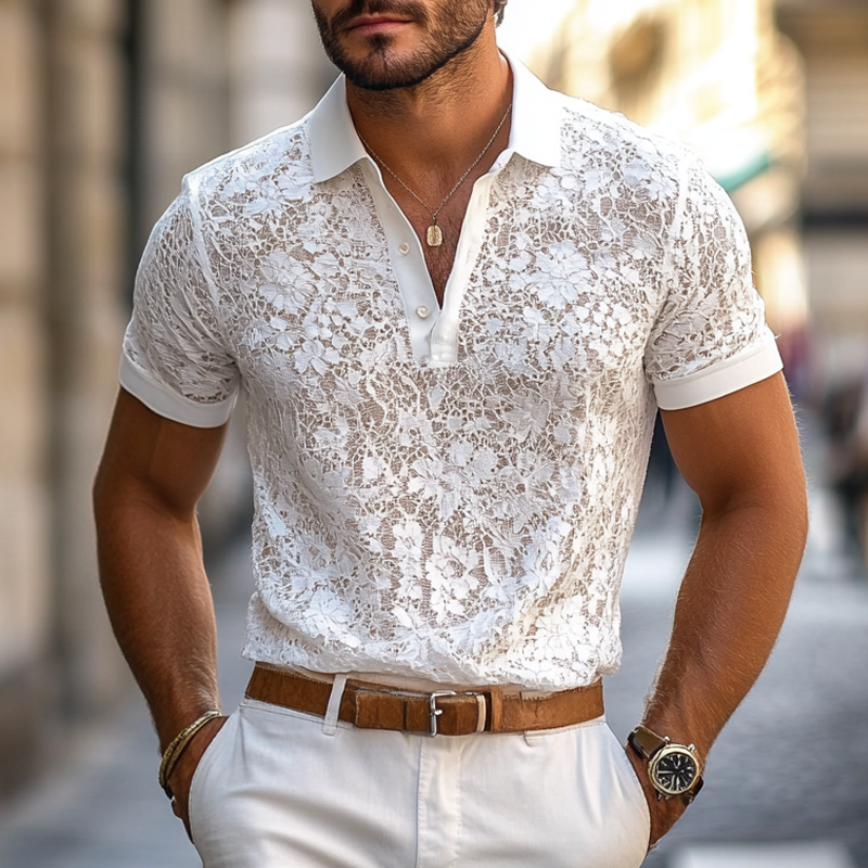 【24-hour shipping out】Men's Solid Lace Lapel Short Sleeve Casual Polo Shirt MTA0885E3Z