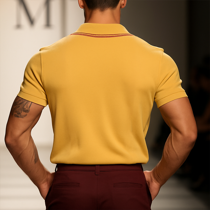 Men's Vintage Casual Striped Embroidered Cotton Short Sleeve Polo Shirt MTA2985E3TO