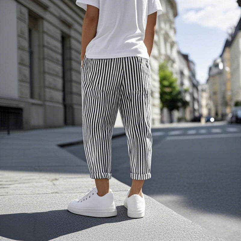 【24-hour shipping out】Men's Casual Cotton Blend Striped Elastic Waist Tapered Pants MTA1006D9M