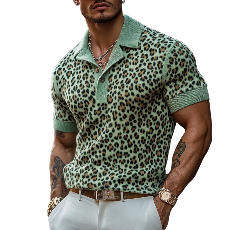 Men's Fashion Leopard Print Knitted Short-sleeved Polo Shirt MTA0754F7Y