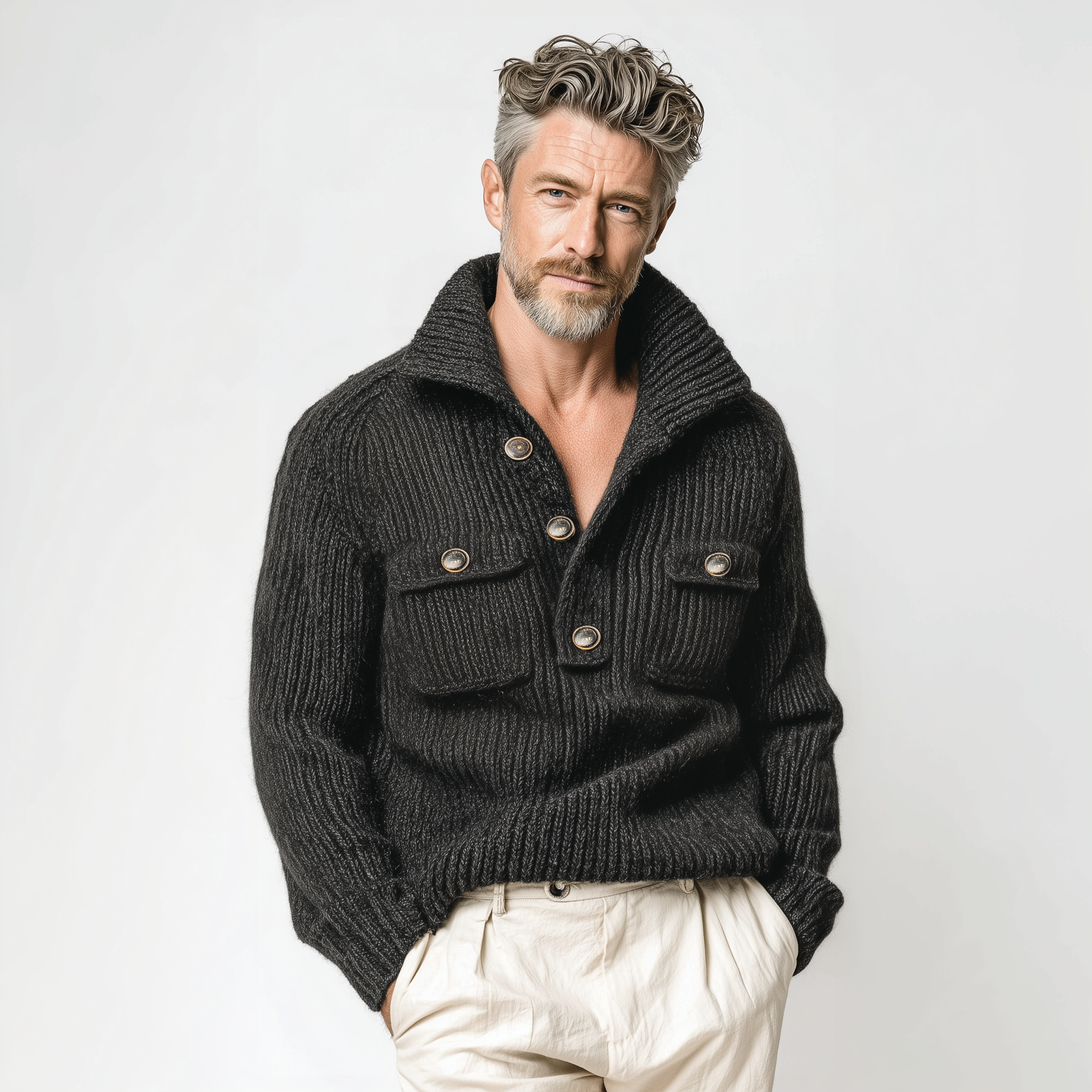 Men's Classic Casual Stand Collar Button Pocket Loose Sweater MTA2607I5K