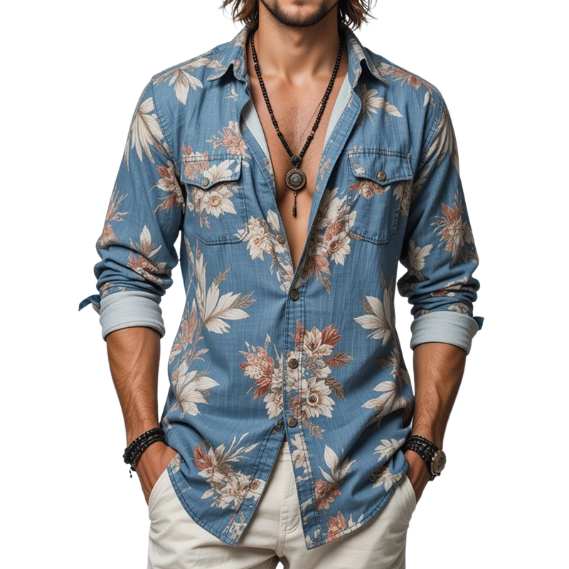Men's Floral Lapel Chest Pocket Long Sleeve Shirt MTA2229G7Z