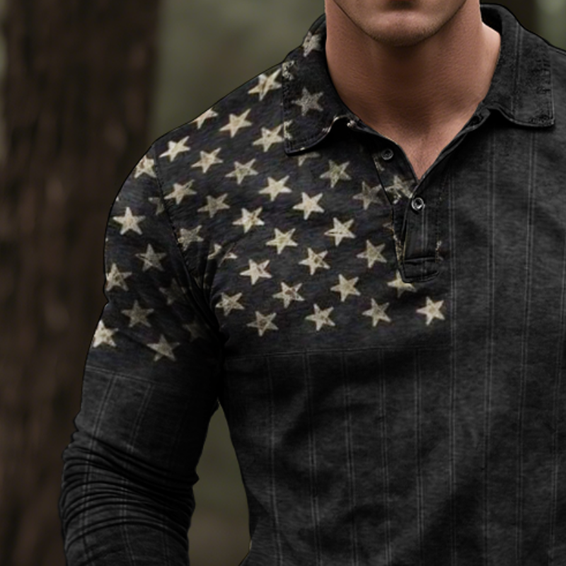 Men's Retro Casual Western Style American Flag Print Long Sleeve Polo Shirt MTA1500H0TO