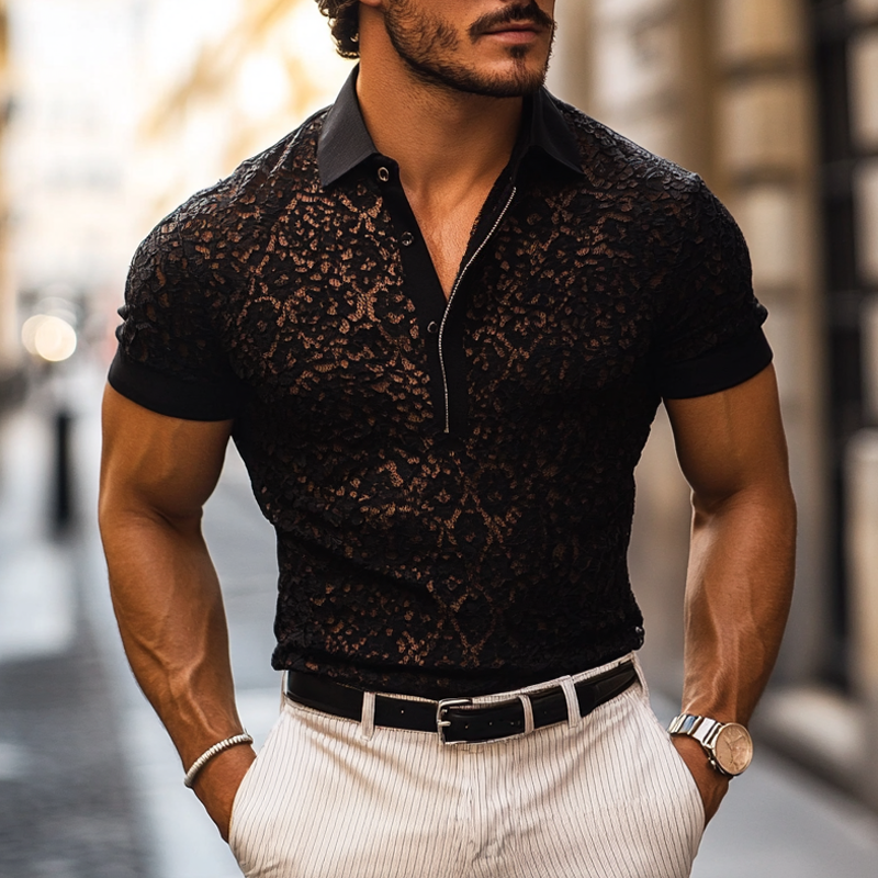 Men's Fashion Lace Lapel Short Sleeve Casual Polo Shirt MTA1296E2Z