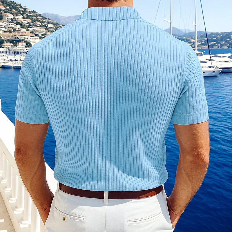 Men's Casual Solid Color Soft Knit Lapel Slim Short Sleeve Polo Shirt Sweater MTA0671E1M