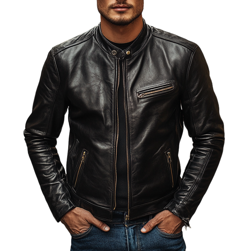 Men's Solid Color Stand Collar Zipper PU Leather Jacket MTA2660I8X