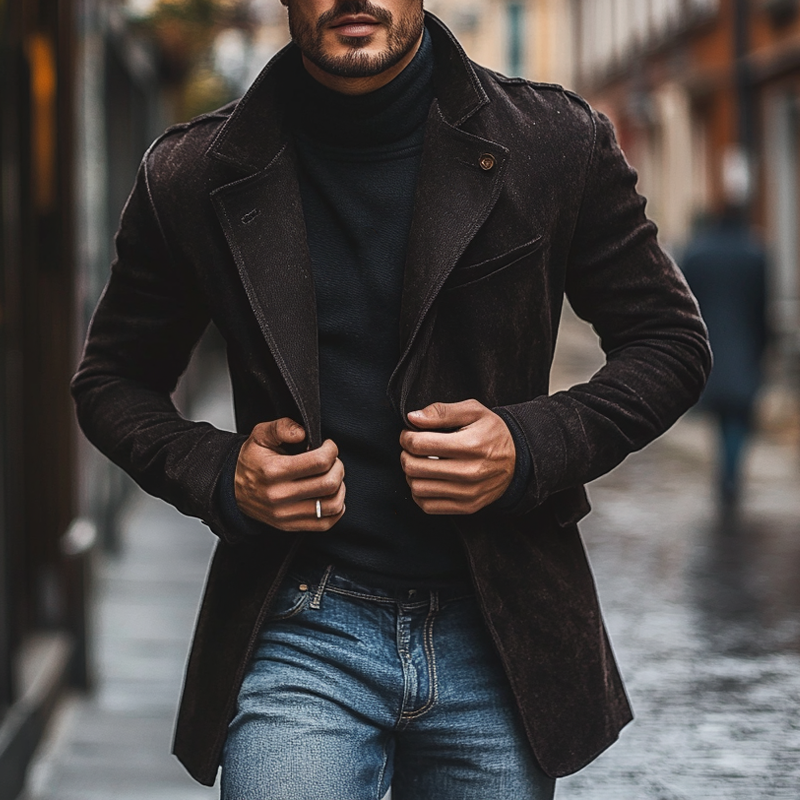 Men's Slim-fit Lapel Faux Suede Single-breasted Mid-length Coat MTA2826I1X