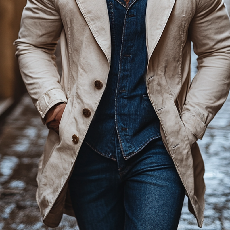 Men's Solid Color Cotton Lapel Single-breasted Mid-length Trench Coat MTA2804I1X