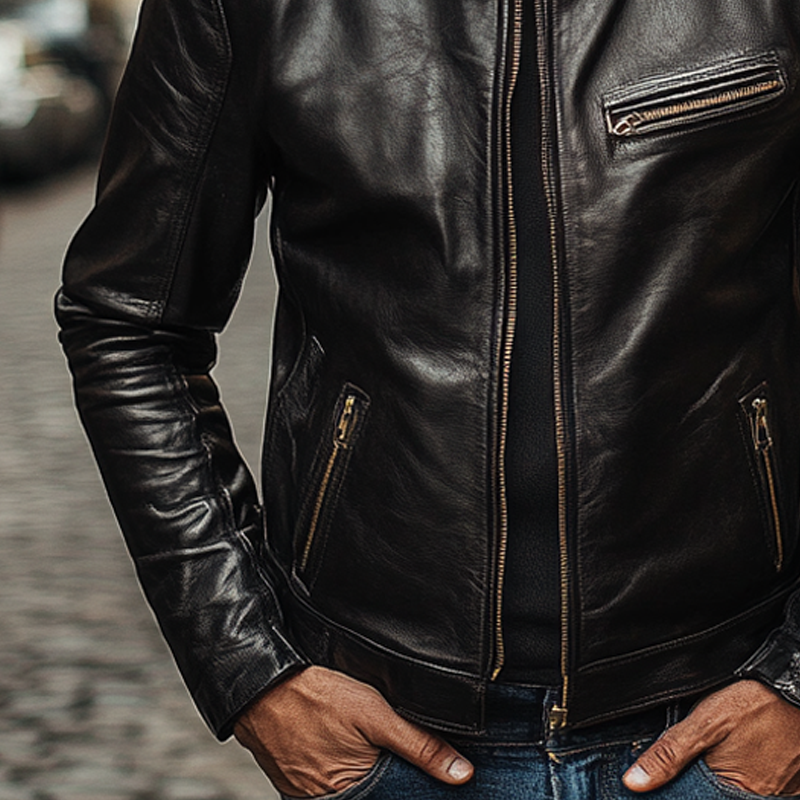 Men's Solid Color Stand Collar Zipper PU Leather Jacket MTA2660I8X