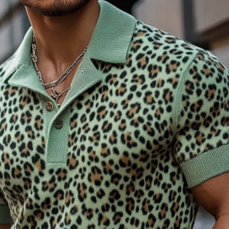 Men's Fashion Leopard Print Knitted Short-sleeved Polo Shirt MTA0754F7Y