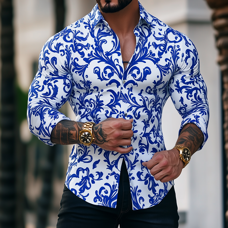 Men's Retro Casual Blue And White Porcelain Print Lapel Long Sleeve Shirt MTA3023G4TO