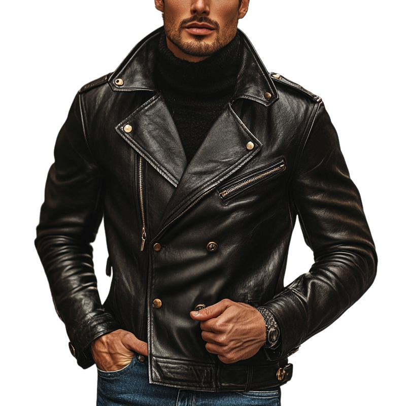 Men's Solid Color Lapel Double-breasted Motorcycle PU Leather Jacket MTA2612I3X