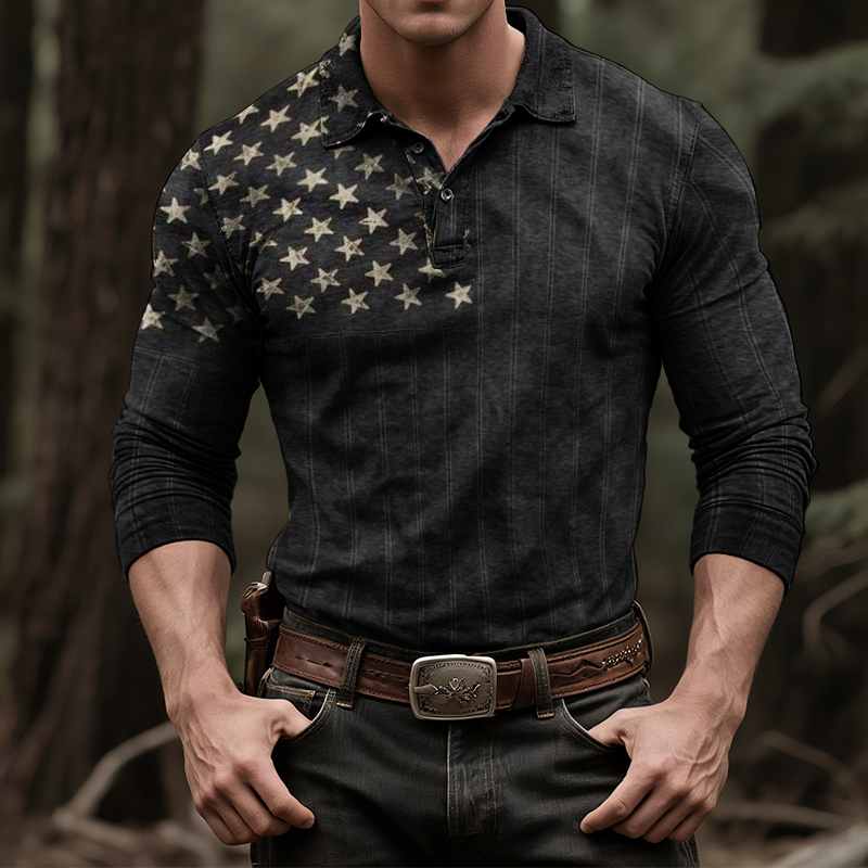 Men's Retro Casual Western Style American Flag Print Long Sleeve Polo Shirt MTA1500H0TO