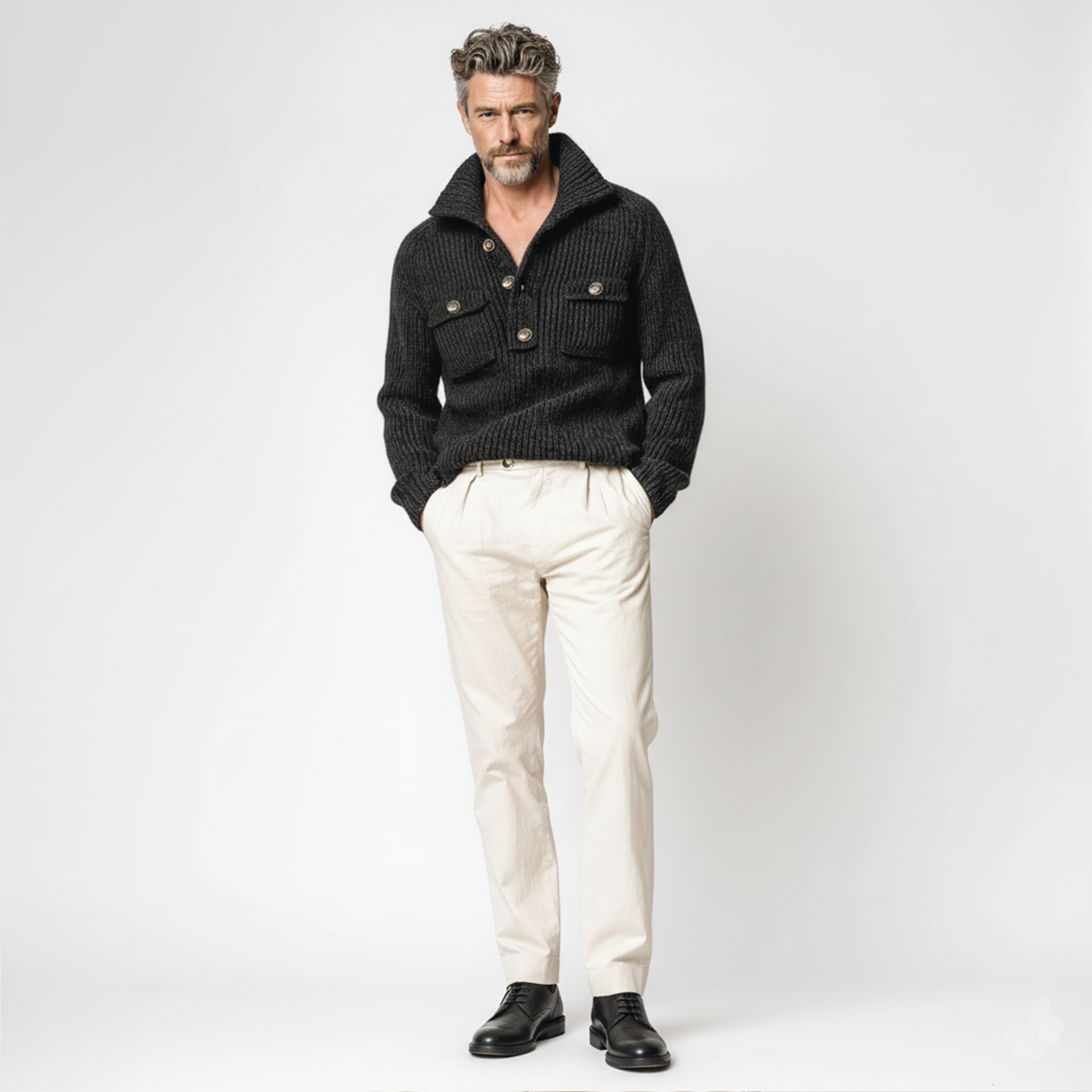 Men's Classic Casual Stand Collar Button Pocket Loose Sweater MTA2607I5K