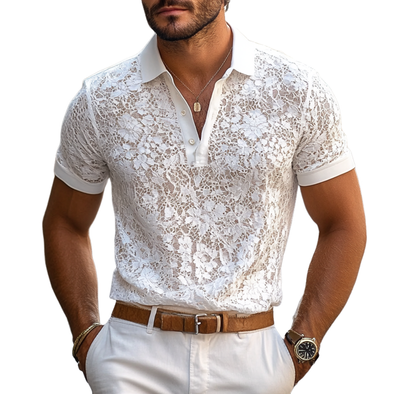 【24-hour shipping out】Men's Solid Lace Lapel Short Sleeve Casual Polo Shirt MTA0885E3Z