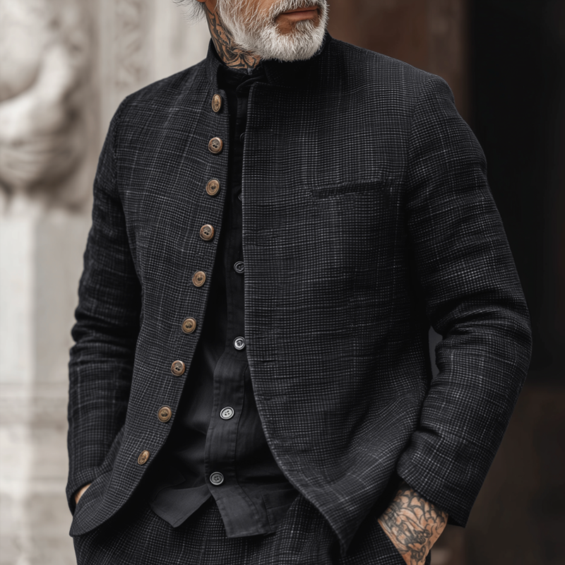 Men's Woven Textured Plaid Stand Collar Single-Breasted Jacket MTA2897H4Z