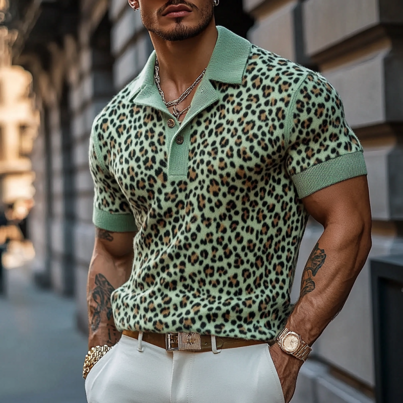 Men's Fashion Leopard Print Knitted Short-sleeved Polo Shirt MTA0754F7Y