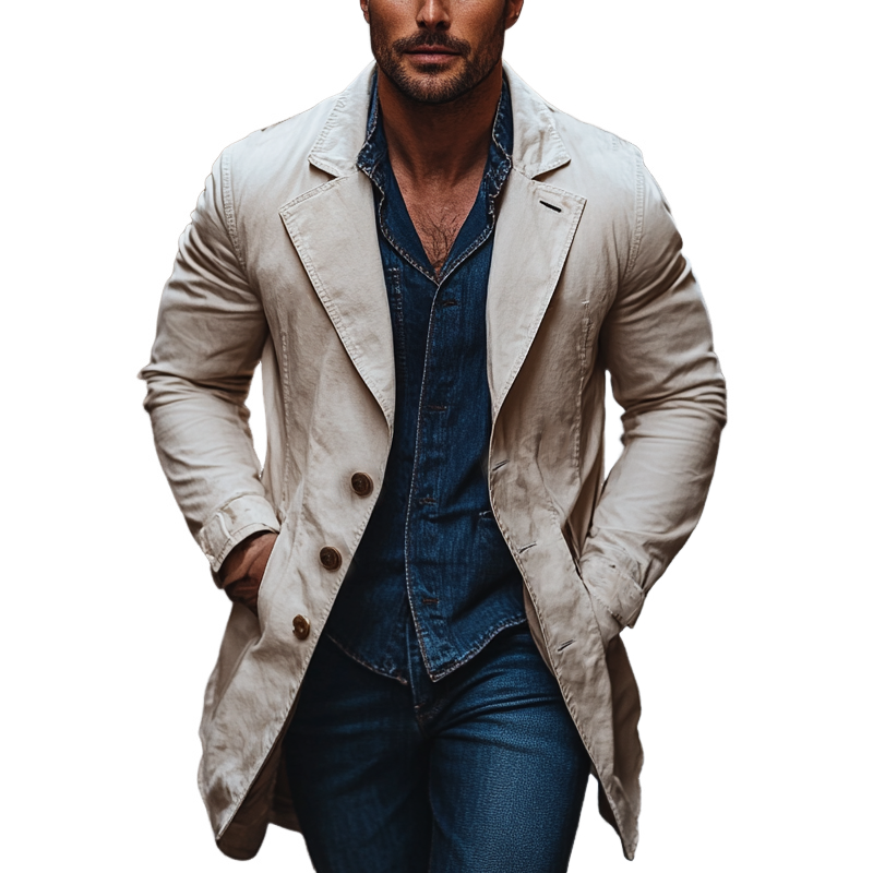 Men's Solid Color Cotton Lapel Single-breasted Mid-length Trench Coat MTA2804I1X