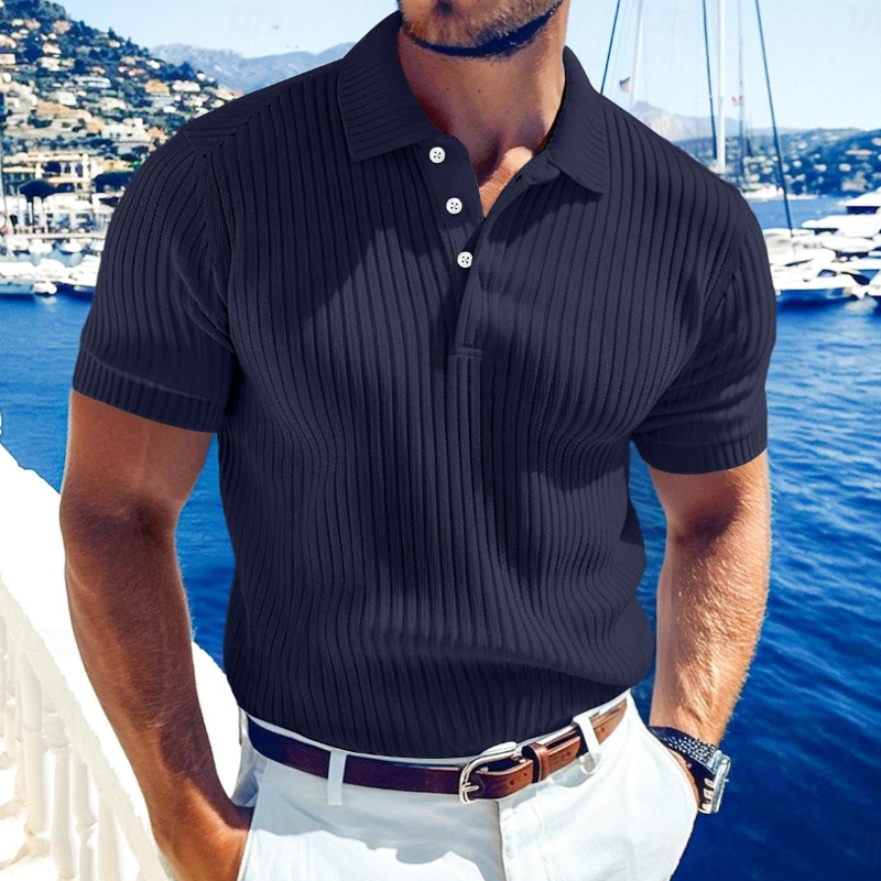 Men's Casual Solid Color Soft Knit Lapel Slim Short Sleeve Polo Shirt Sweater MTA0671E1M