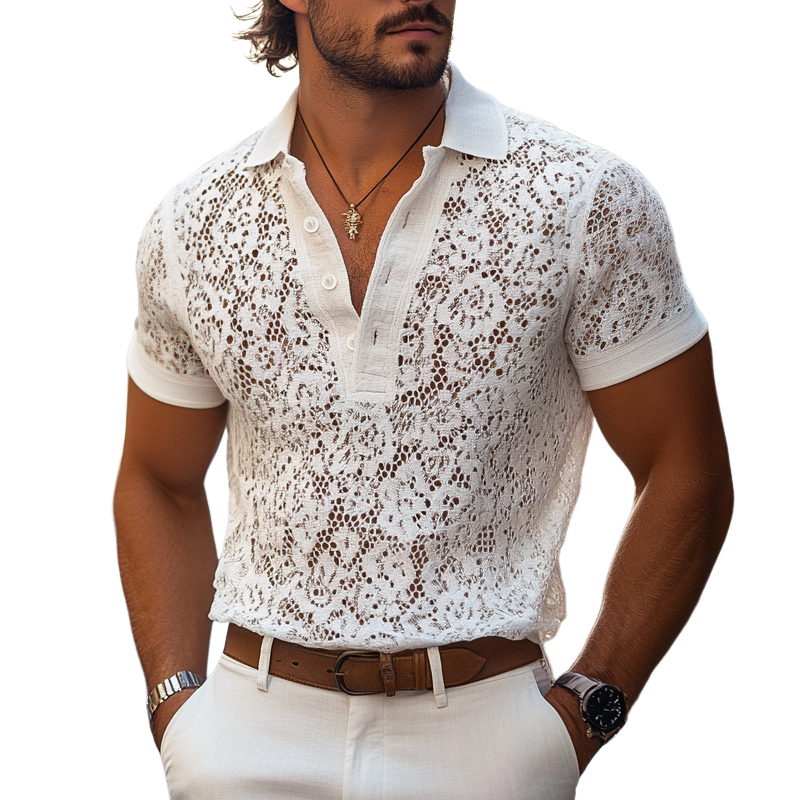 Men's Fashion Lace Lapel Short Sleeve Polo Shirt MTA1552E9Z
