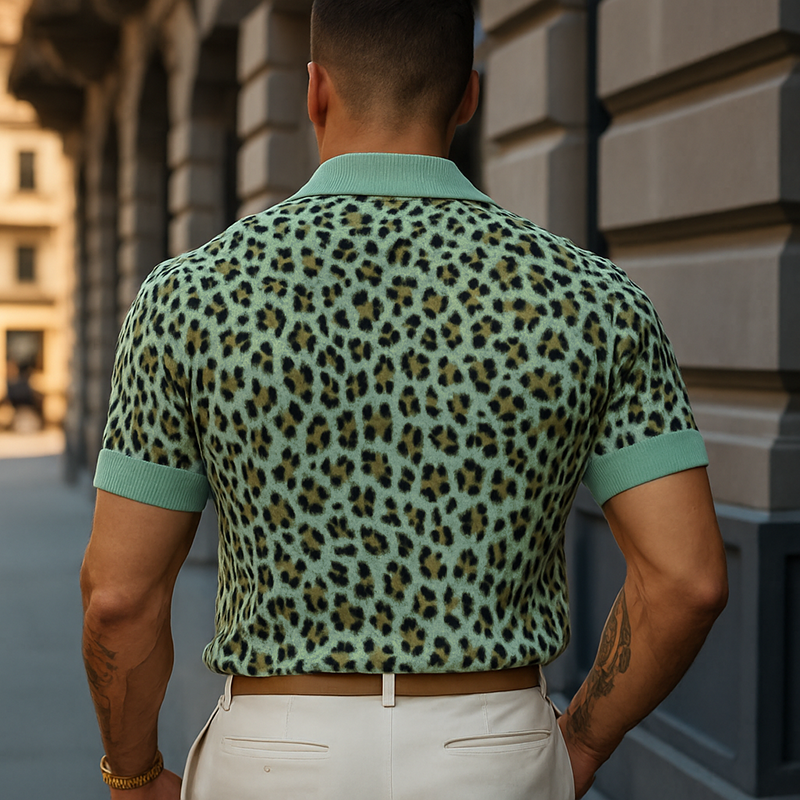 Men's Fashion Leopard Print Knitted Short-sleeved Polo Shirt MTA0754F7Y