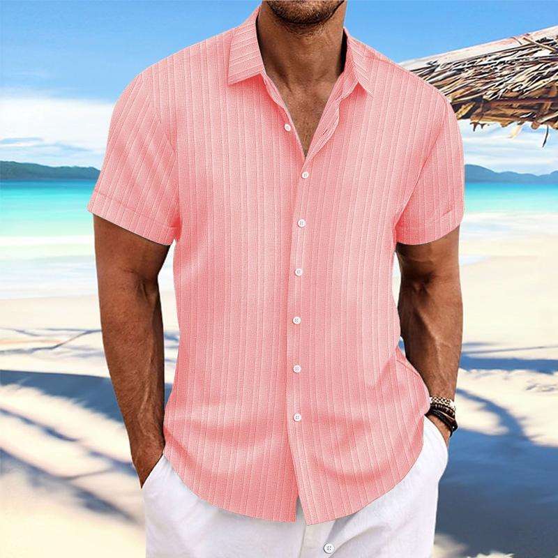 【24-hour shipping out】Men's Cotton Linen Stripe Print Loose Short Sleeve Lapel Shirt 89995369X